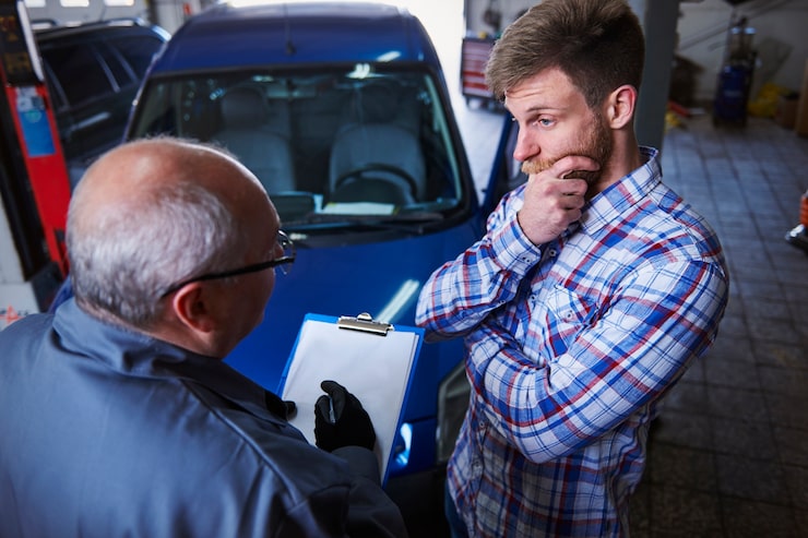 Customer talking to mechanic