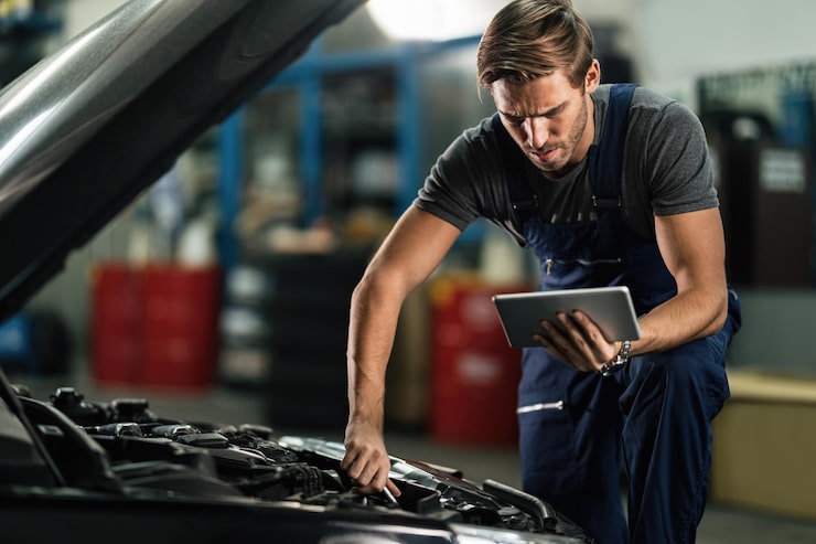 Mechanic examining car engine