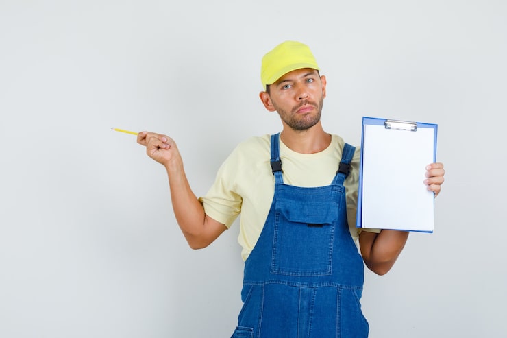 Mechanic pointing at legal document