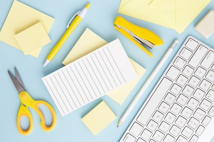 Bright office desk with invoice