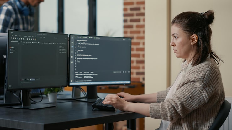 Web developer coding on screens