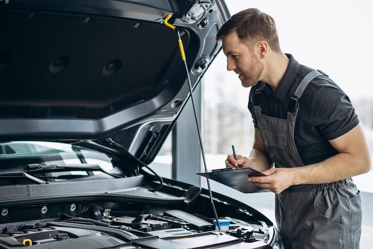 Mechanic examining modern car engine
