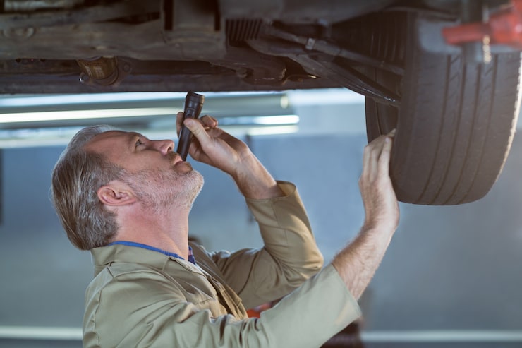 Mechanic inspecting steering tie rod