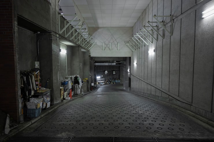 Dark automotive workshop interior