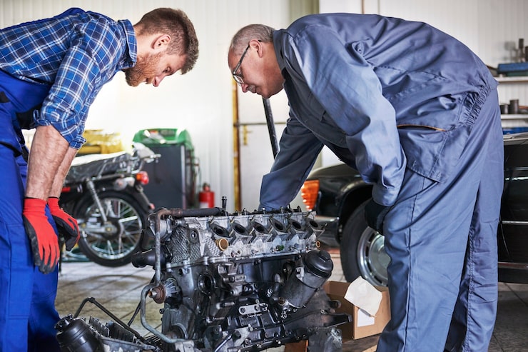 Mechanic inspecting vehicle engine