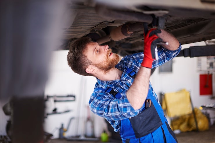 Mechanic examining vehicle undercarriage