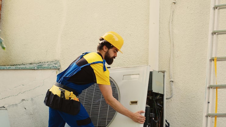 Mechanic inspecting AC condenser lines