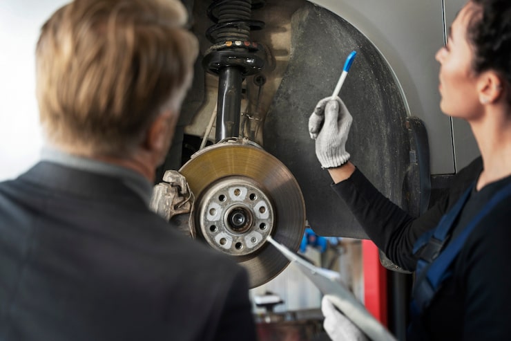 Mechanic inspecting worn brake pads