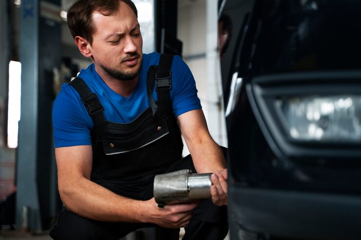 Mechanic replacing oil filter housing
